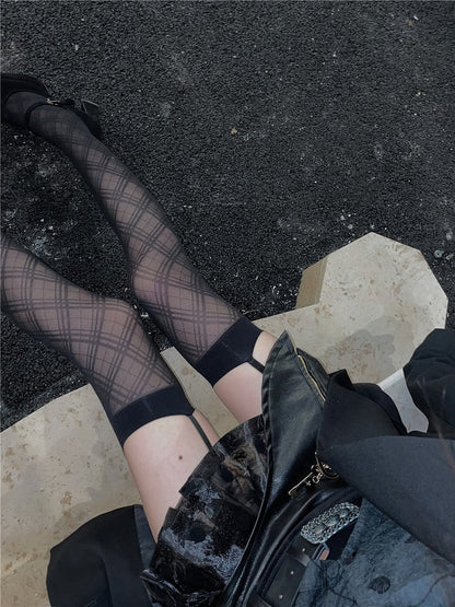 Black/White Plaid Pattern Suspender Tights