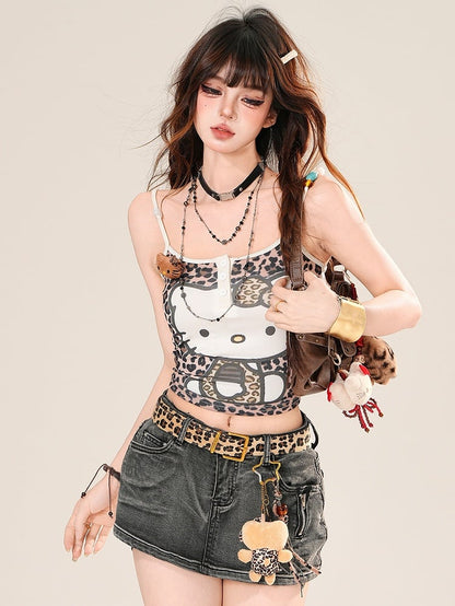 アプリコットレオパードの華やかなプリントファッションキティキャミギャル柄