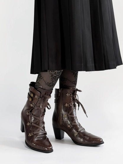 PU Dual with Leather Brown Steampunk Closure - Lace-Up Pointed Zip Toe Boots Ankle Inner