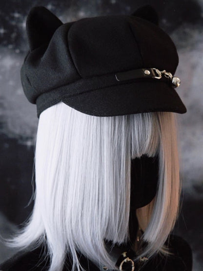 Gothic Hat Cat Black Buckle Design Ear Charm Beret Bell