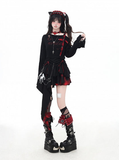 Cami Kleid Rock Rot und Schwarz Plaid Kordelzug Taille Taschentuch Saum Stufen