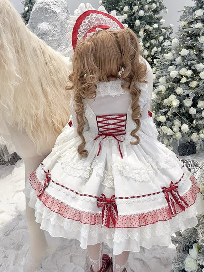Weiß und Weinrot Schnürung Schleife Akzente Spitzenbesatz Süßes Prinzessinnenkleid Lolita Pulloverrock
