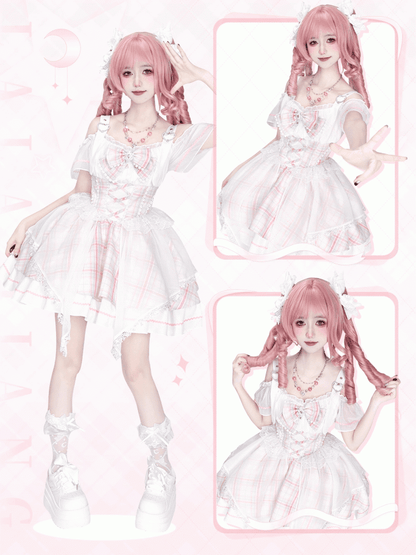 Neckline Plaid Sweet Pink Idol Lolita Jumper Off-the-shoulder