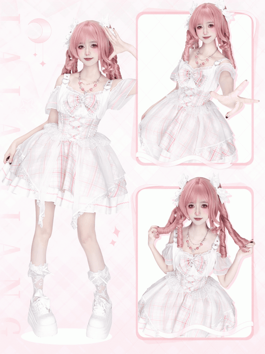 with Off-the-shoulder Pink Skirt Neckline Sweet Bowtie Lolita Jumper Free Idol Plaid
