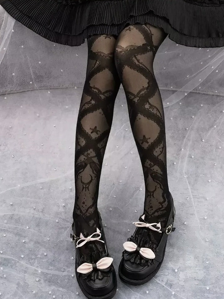 Star & Cross Stripe Patterned Sheer Lolita Pantyhose in Two Tones - Yidhra