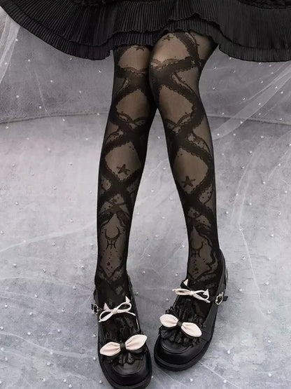 Star & Cross Stripe Patterned Sheer Lolita Pantyhose in Two Tones - Yidhra