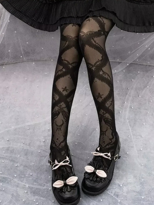 Star & Cross Stripe Patterned Sheer Lolita Pantyhose in Two Tones - Yidhra