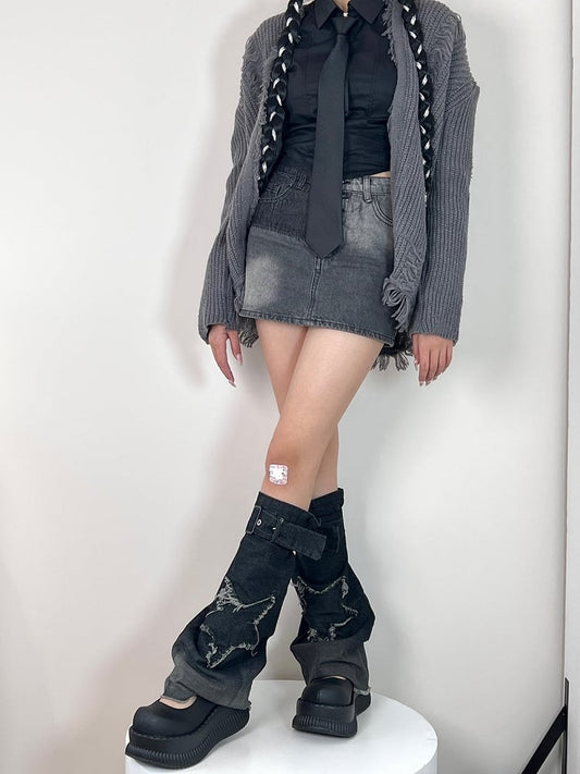 BlackGray/Dark Warmers Star Denim Blue Distressed Leg