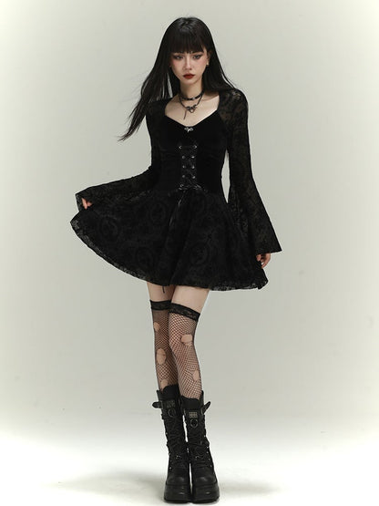 Gothic Black Lace Bell Sleeves Thigh-length Dress with Lace-up Detail