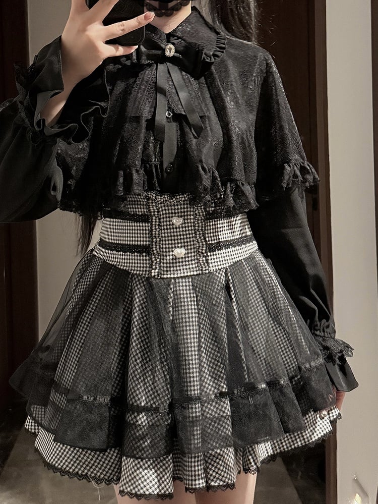 Tiered Kei - Button Black Heart Skirt Jirai White High-Waist Plaid Design Detailed