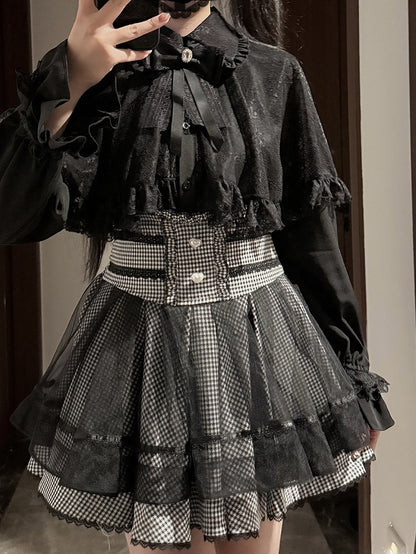 Tiered Kei - Button Black Heart Skirt Jirai White High-Waist Plaid Design Detailed