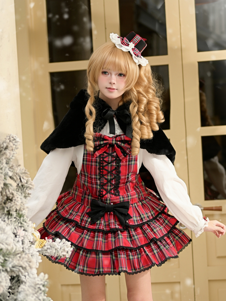 Christmas Red Plaid Tiered JSK with Criss-cross Front