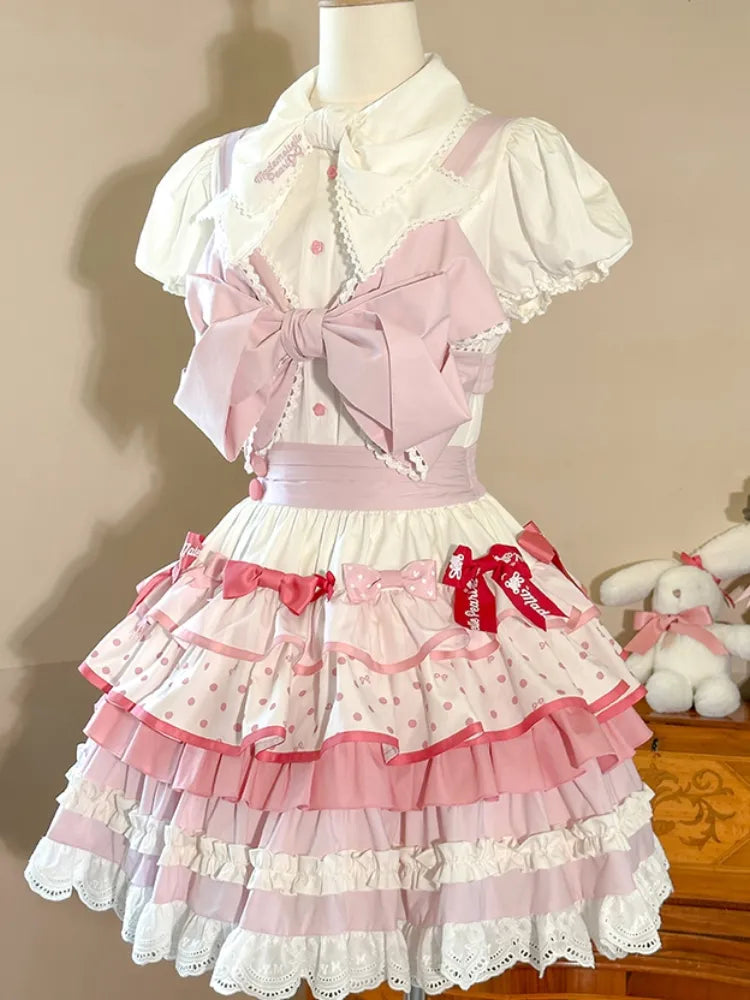 パフカラースリーブのショート丈ホワイトシャツ 蝶結び