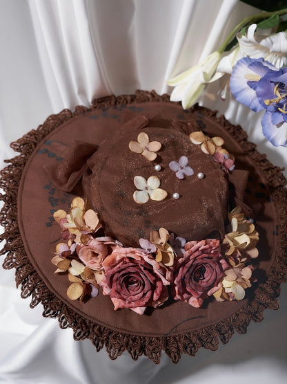 Flowers Elegant Beads with and Flat Black/Gray/Brown Lolita Hat