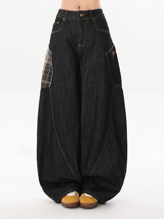 Side with Blue Wide-Leg Jeans Plaid Dark Pockets Patch