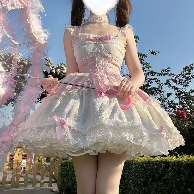 Lolita Sweet Princess Lace JSK Cake Dress – Ballet Bow Suspender Gown