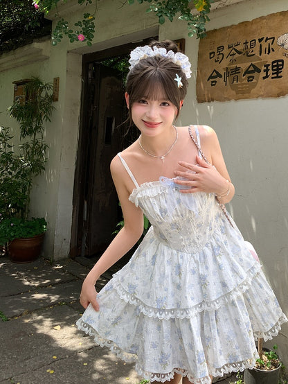 Short Skirt Floral Light Blue Lace Trim Tiered Cami Dress with Version Back Lace-up