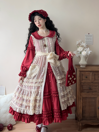 with Beige Floral Ruffled Pattern Lolita Bunny Overdress Hood Ear