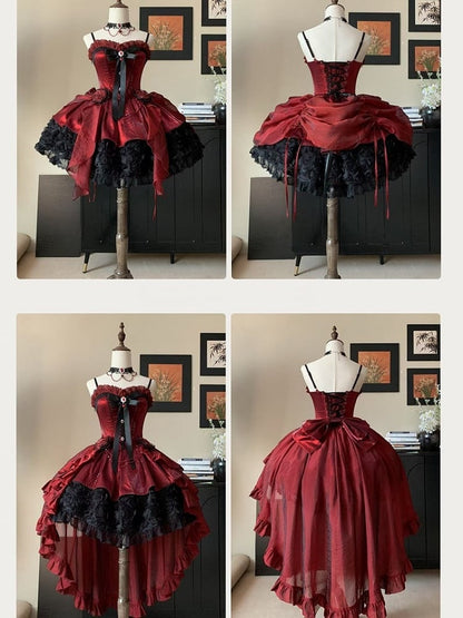 Lolita Bouquet Strapless Boned Red Gothic Hem with Black Rose Dress