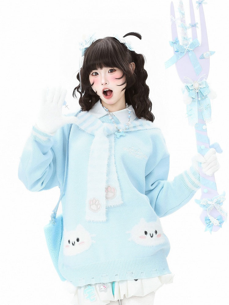 Sweater Scarf Paw Striped with Kawaii Pattern Cat Apricot/Black/Blue Embroidery Daily