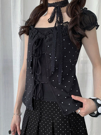 Black Square Neck Puff Sleeve Top with Tie Details - Solkatt