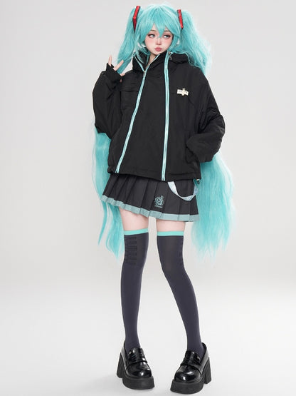 Black/Pink Zips Cat Ears Hood Thick Zip Hoodie