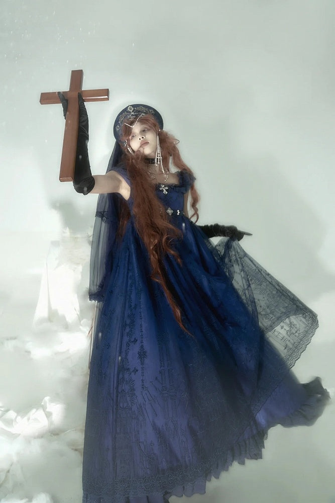 Dark Blue Cathedral Empire Waist Dress Gothic Lolita JSK