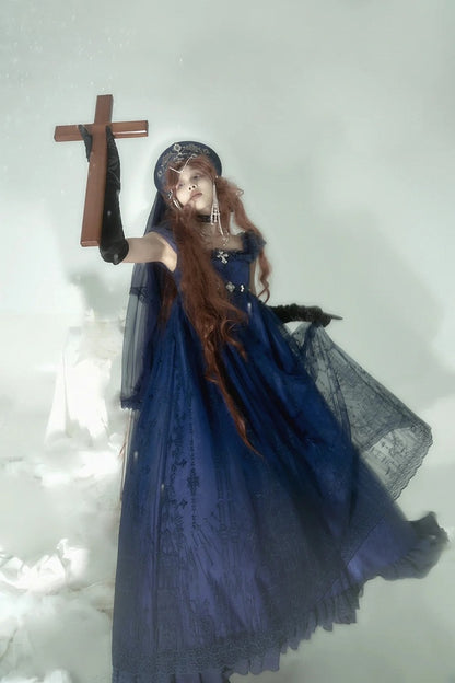 Dark Blue Cathedral Empire Waist Dress Gothic Lolita JSK