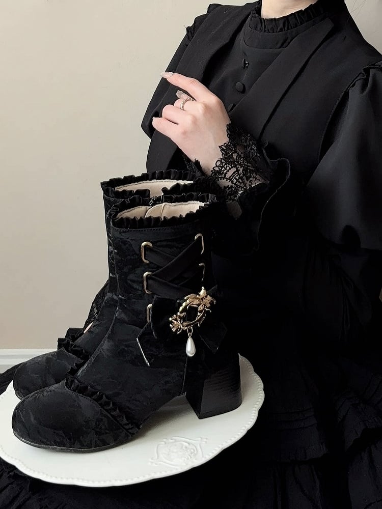 Black Lace-Up Elegant Round Toe Ankle Boots with Removable Bow Accents - Magic Peach