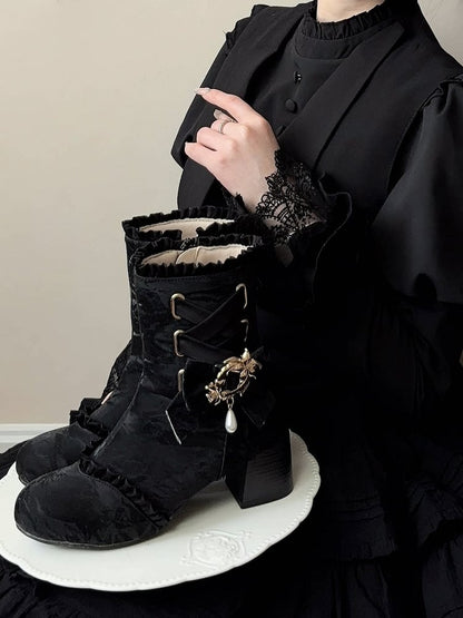 Black Lace-Up Elegant Round Toe Ankle Boots with Removable Bow Accents - Magic Peach