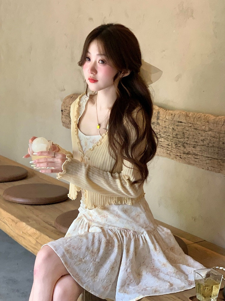 Light Yellow Floral Print Summer Holiday Dress - Qchiwawameme