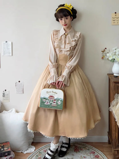 Spitz gestreifter Stoff Beige Jabot Hemdärmel Flacher langer Kragen