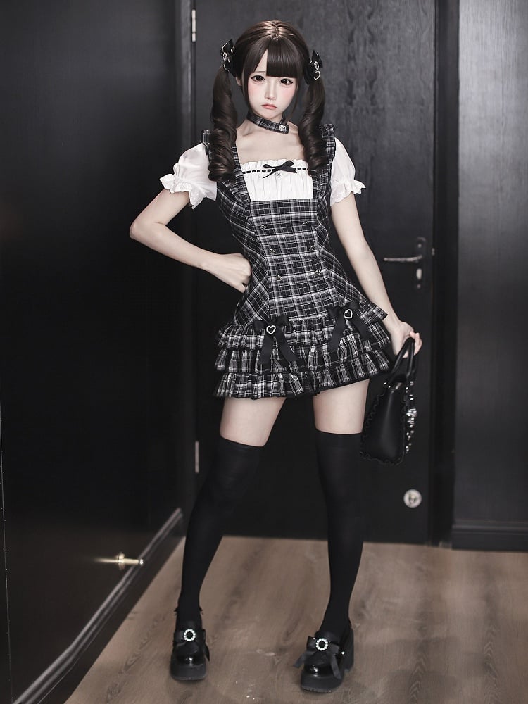 Black Plaid Square Neck Puff Sleeve Low-Waist Dress and Shorts Set - Ekomi