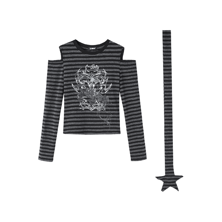 with Scarf Black  Gray Striped Cutout Shoulder Graphic Top Star Punk