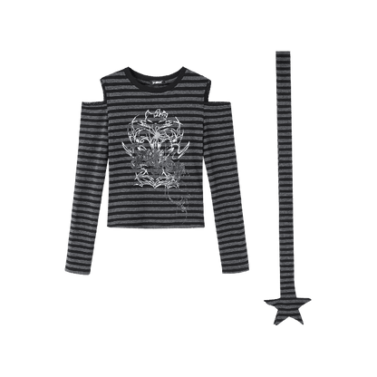 with Scarf Black  Gray Striped Cutout Shoulder Graphic Top Star Punk