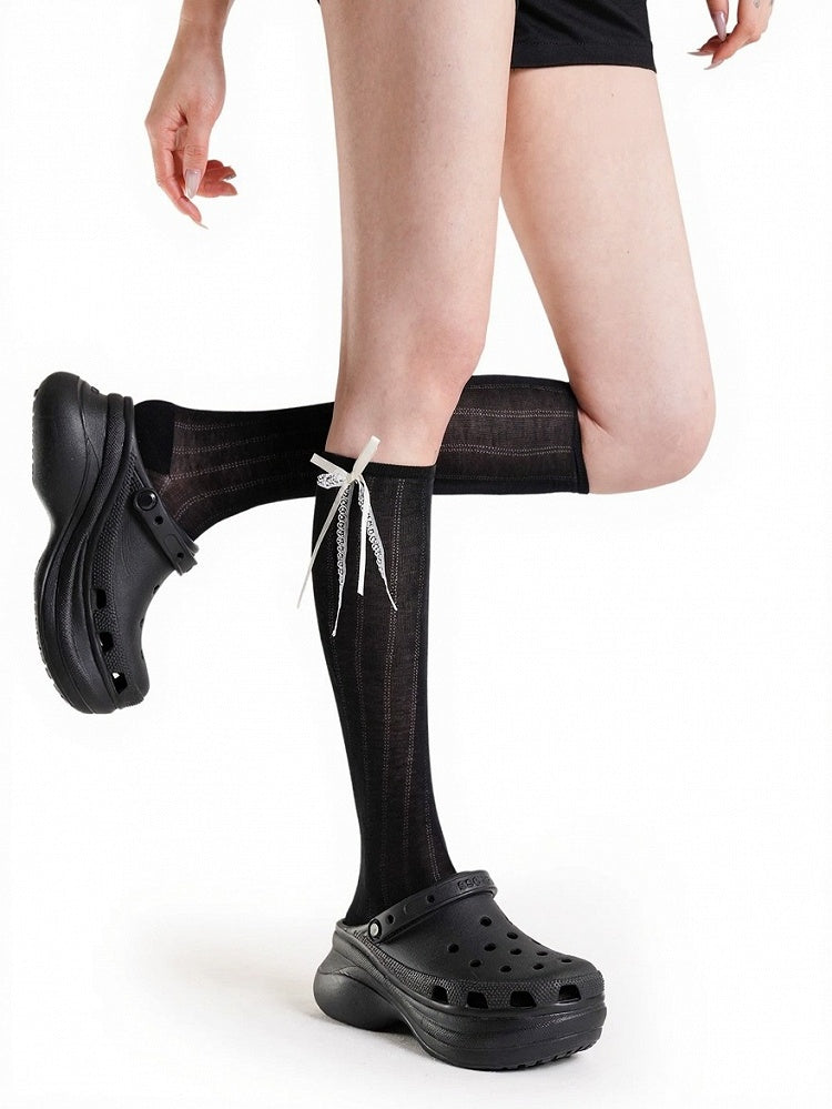 Striped Calf Socks with White Bowknot - ModaSwings