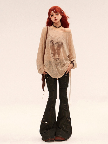 Neck Semi-sheer Vintage Butterfly Print Khaki Round Coverup