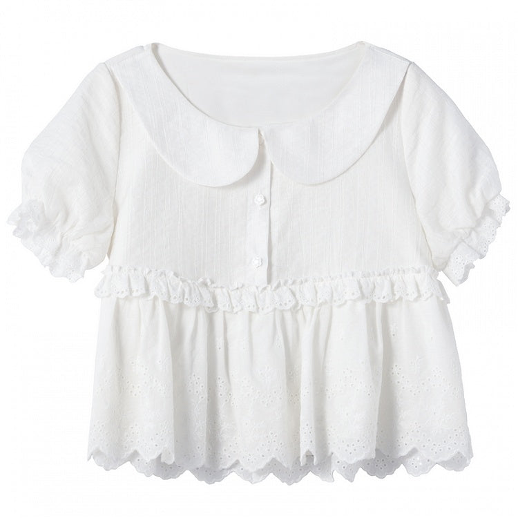 レーストリムブラウス ホワイト ピーターパンカラー パフスリーブ