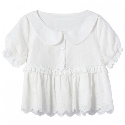 レーストリムブラウス ホワイト ピーターパンカラー パフスリーブ