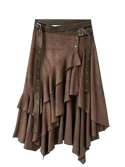 コーヒーヘムウェイストランドアシンメトリースカートブラウンパンク