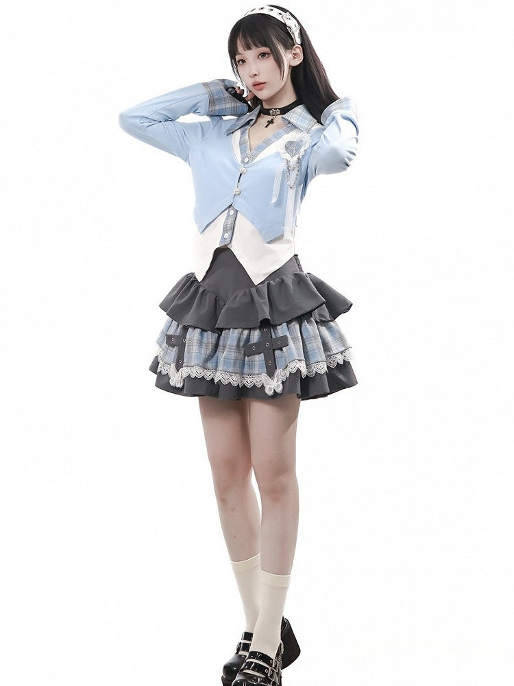 Vintage Kawaii Blue & White Plaid Faux Two-Piece Knit Shirt with Heart Brooch - PINK SAVIOR