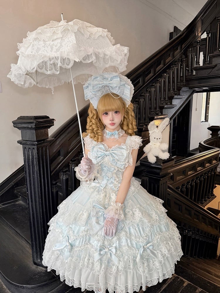 Hanayome-Style Lace + Trim Lolita Bow / Blue Set Back Full Dress JSK Decor Multi-Layer With