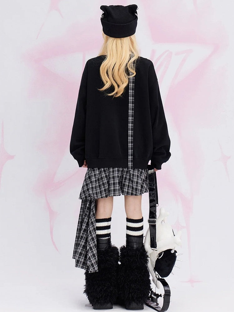 Black Plaid Patchwork Fake Two-piece Sweatshirt Dress Asymmetrical Hem with Free Scarf