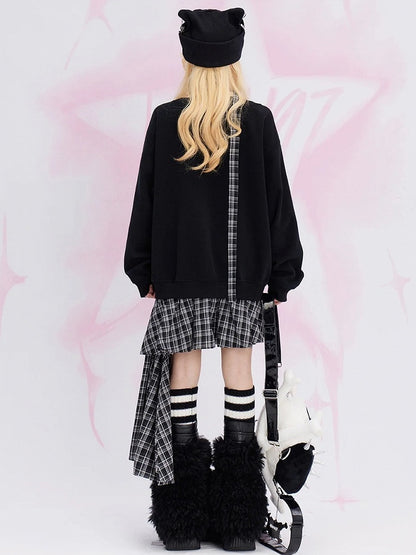 Black Plaid Patchwork Fake Two-piece Sweatshirt Dress Asymmetrical Hem with Free Scarf