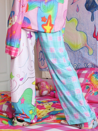 Y2K Print Star Colorful Pants Pattern Plaid Flare Silhouette