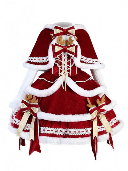 + Christmas Full White Sleeves Lolita Long Set Red Dress Cape Top