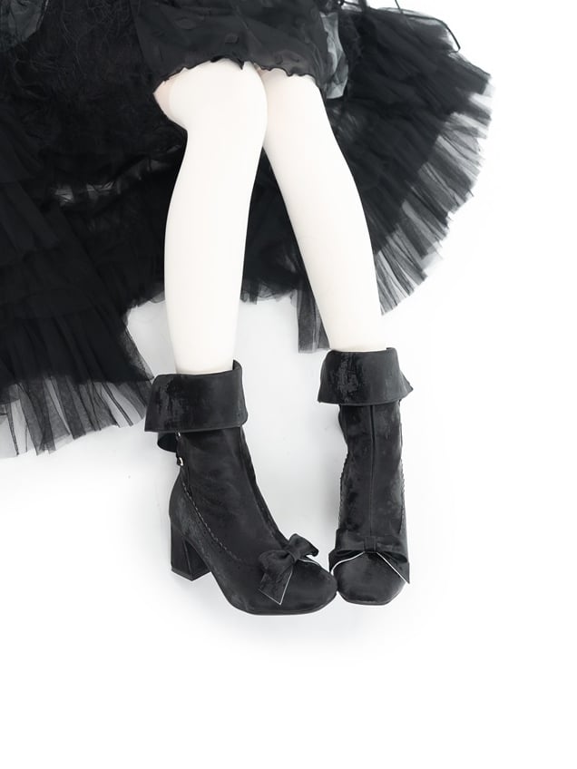 Rear High - Scalloped Foldable Lacing Cuff Elegant Black Block with Ankle Lolita Boots Heel Edging