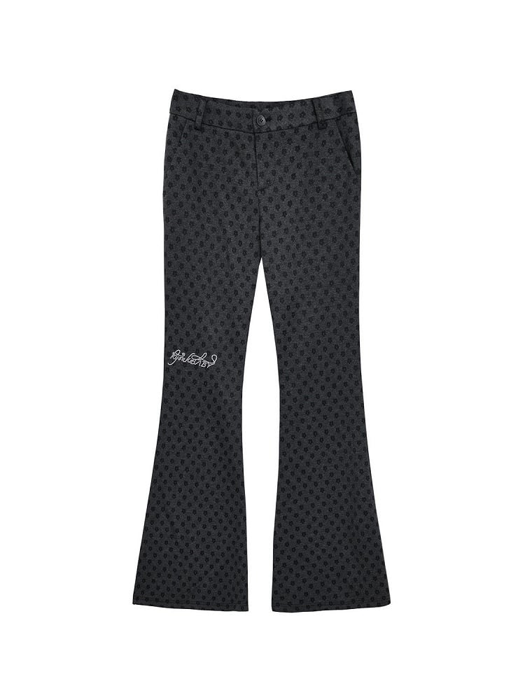 Accents Silhouette Pants Deep Pattern with Gray Kawaii Flare Floral Rhinestone Daily