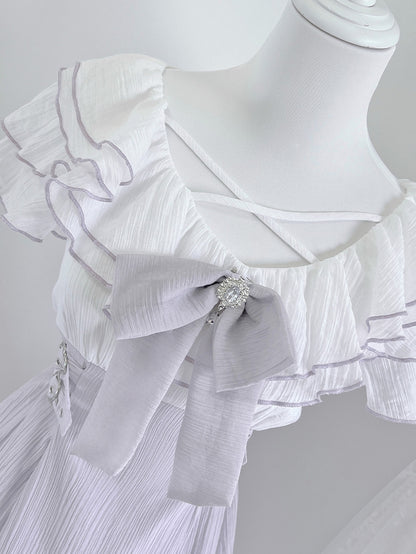 Dress with Flounce Waist Jirai Buckles Bowtie Hem Heart Version Neckline Tiered Lavender Short Kei