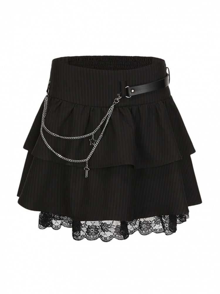 Skirt Size Embroidered Y2K Floral Trim Tiered Lace with Striped Gothic Black Plus